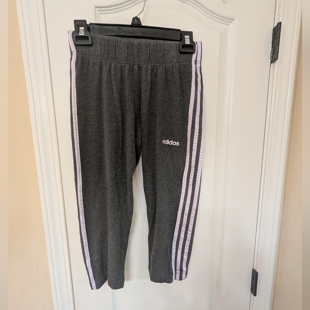 Adidas Women's Charcoal Capri Leggings with White Striped Accents